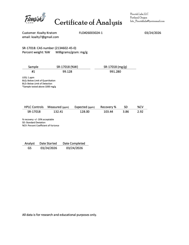SR-17018 certificate of analysis showing purity and lab test results